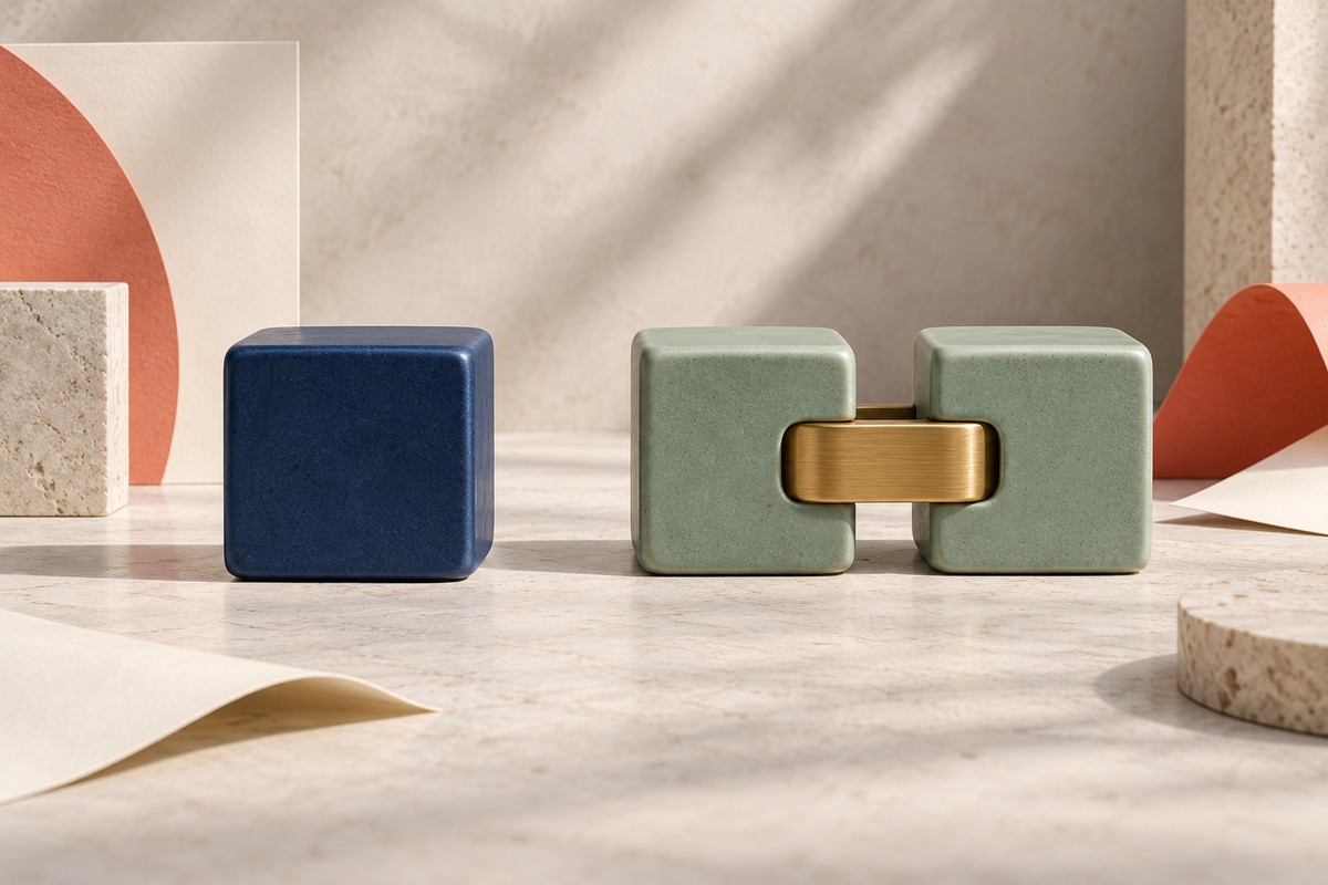 A single navy block beside two green blocks joined by a brass link on a stone desk.