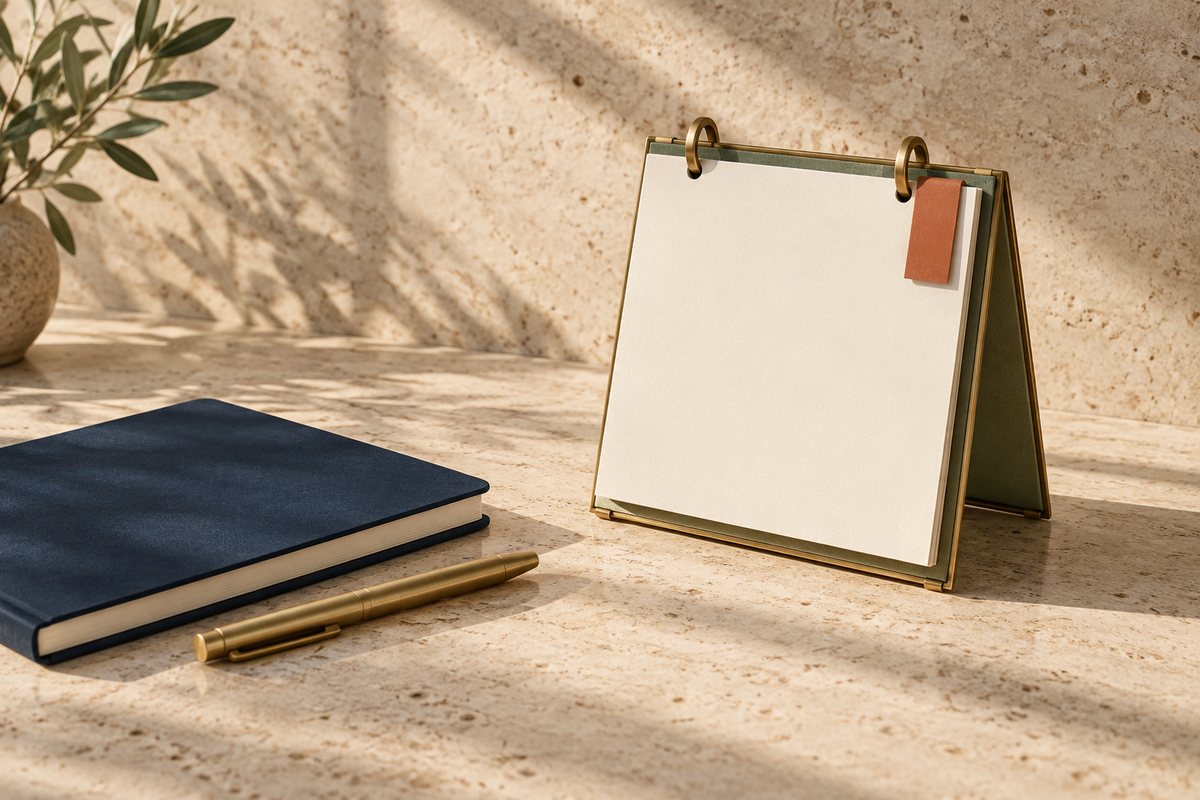 Brass-framed desk calendar with blank pages and a terracotta tab beside a navy notebook and a brass pen.