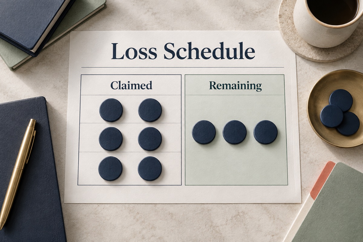 Loss schedule separating claimed amounts from a remaining unused balance.