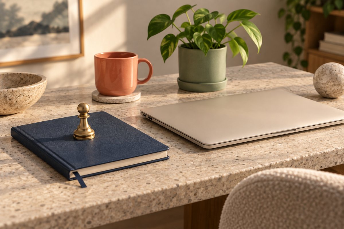 Single brass pawn standing on a navy notebook beside a closed laptop, a plant and a coral mug.