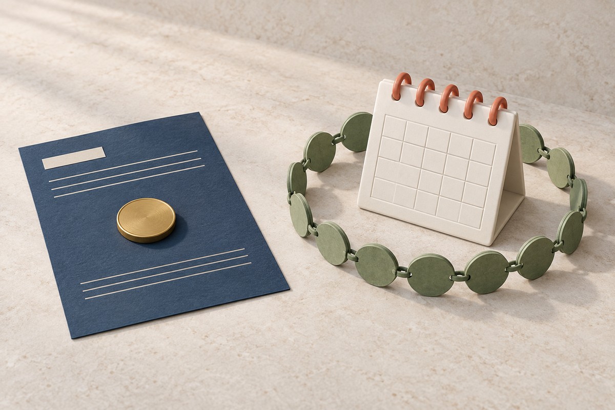 One brass coin on a single return document beside a looping chain of coins circling a desk calendar.