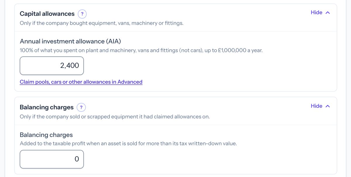 Taxley's Simple view Capital allowances box with Annual investment allowance of 2,400 and the Advanced link, above the Balancing charges box showing 0, each with a question-mark guide link