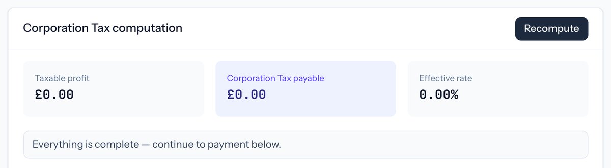 Taxley's Corporation Tax computation for a dormant demo company, showing taxable profit of £0.00, Corporation Tax payable of £0.00 and an effective rate of 0.00%