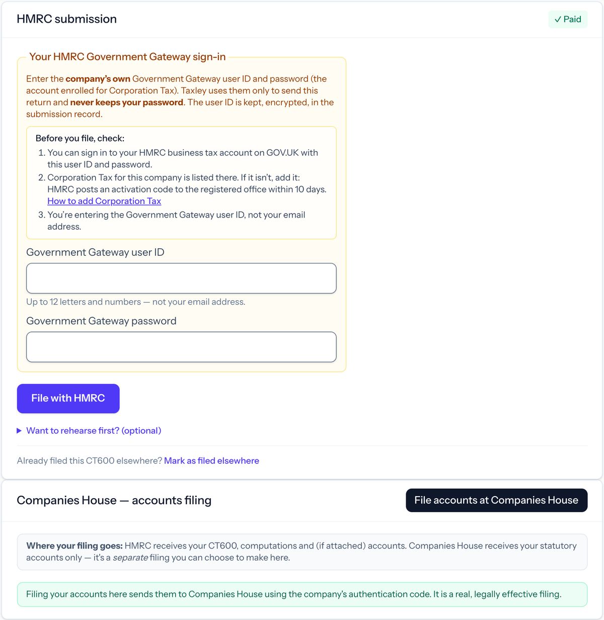 Taxley's HMRC submission card for a paid demo return, with the empty Government Gateway user ID and password fields and the File with HMRC button, above the Companies House accounts filing box and its File accounts at Companies House button
