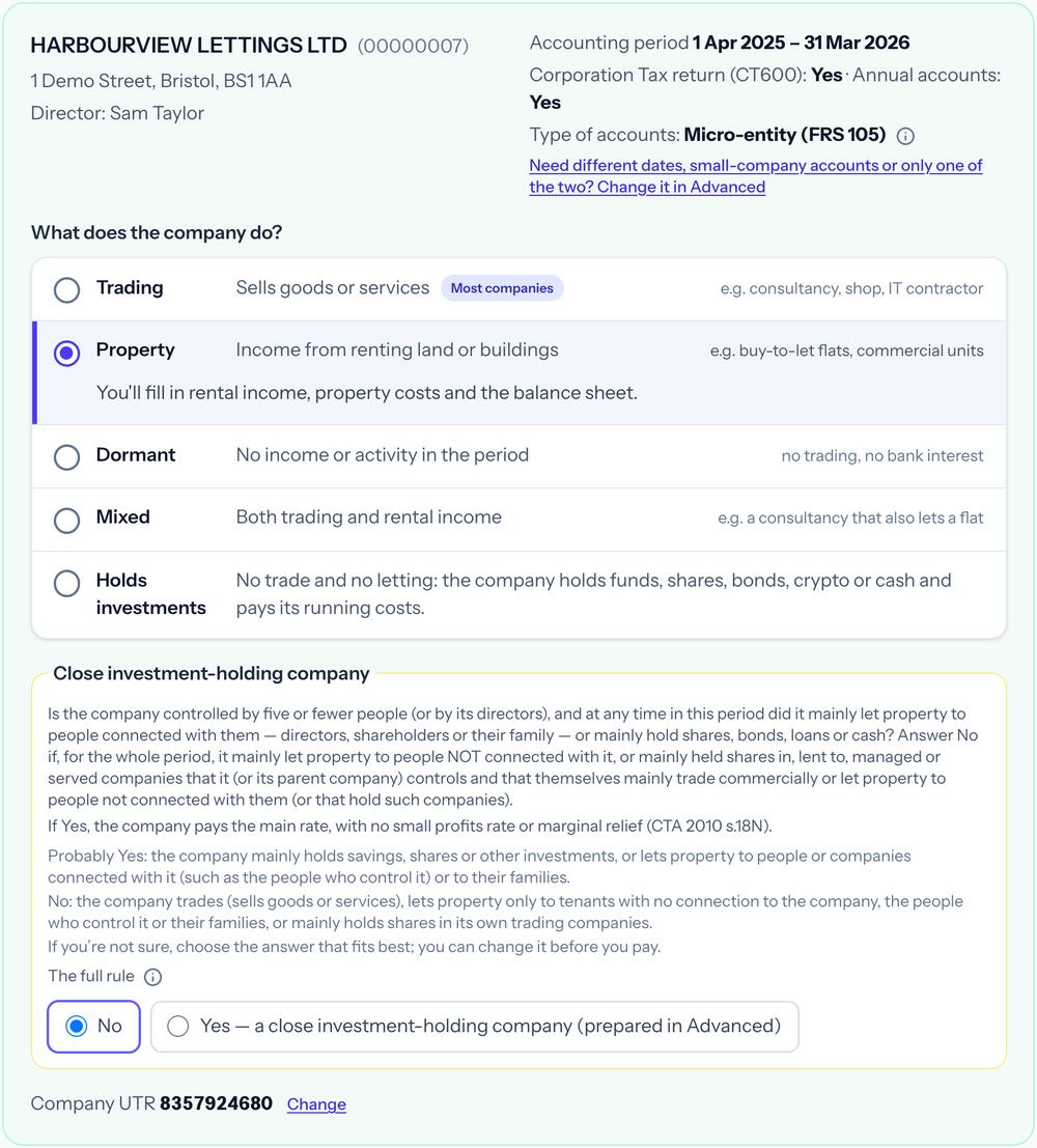 Taxley's Simple mode company card for a demo property company: micro-entity accounts for 1 April 2025 to 31 March 2026, Property selected, the close investment-holding company question answered No, and the company UTR shown