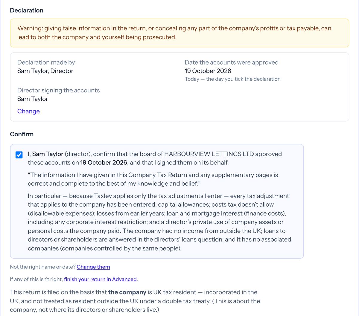 Taxley's declaration for a demo property company: declaration made by Sam Taylor, Director, accounts approved on 19 October 2026, and the ticked confirmation that the board approved the accounts and the return is correct and complete