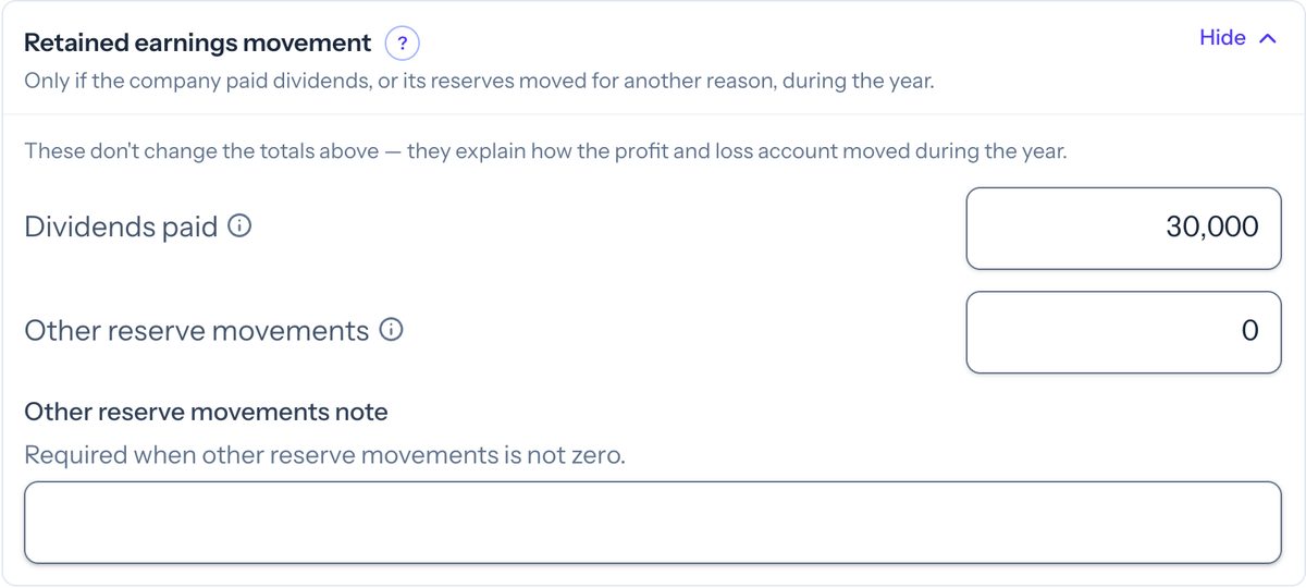 Taxley's Retained earnings movement box with Dividends paid of 30,000 and Other reserve movements of 0