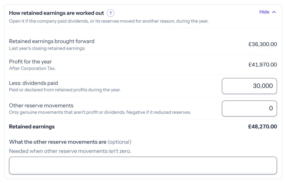 Taxley's Simple view How retained earnings are worked out table: brought forward £36,300.00, profit for the year £41,970.00, less dividends paid 30,000, other reserve movements 0 and retained earnings £48,270.00, with an empty note box