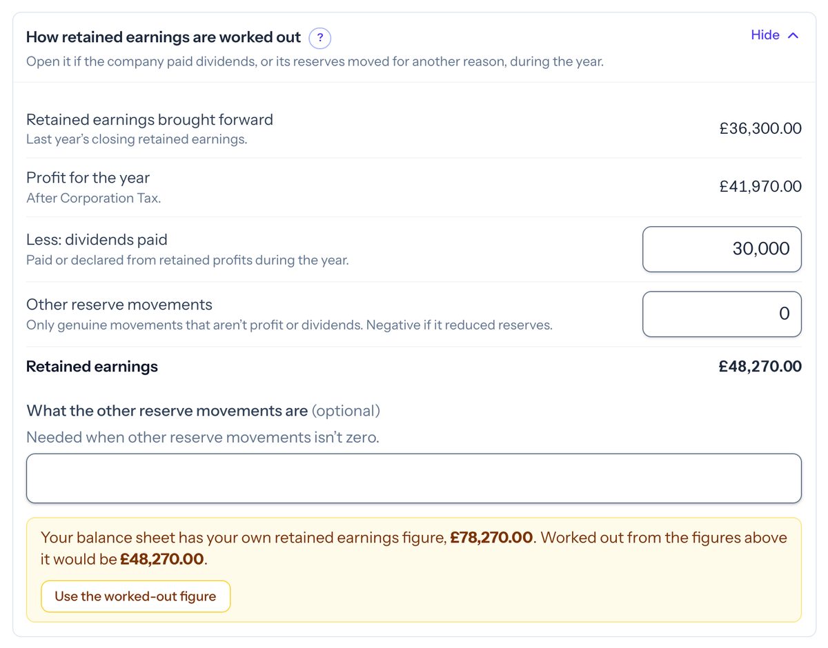 Taxley's Simple view retained earnings table with an amber prompt saying the balance sheet holds £78,270.00 while the worked-out figure is £48,270.00, and a Use the worked-out figure button
