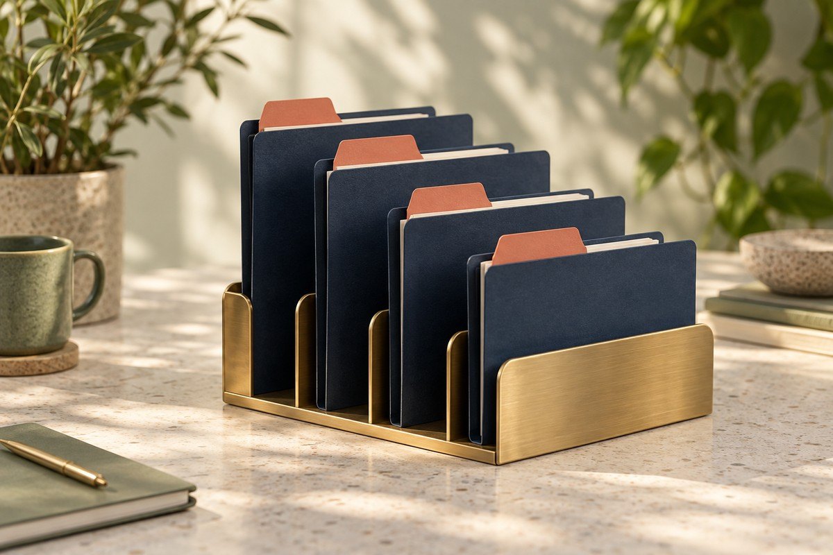 Row of navy folders with coral tabs standing in order in a brass file sorter.