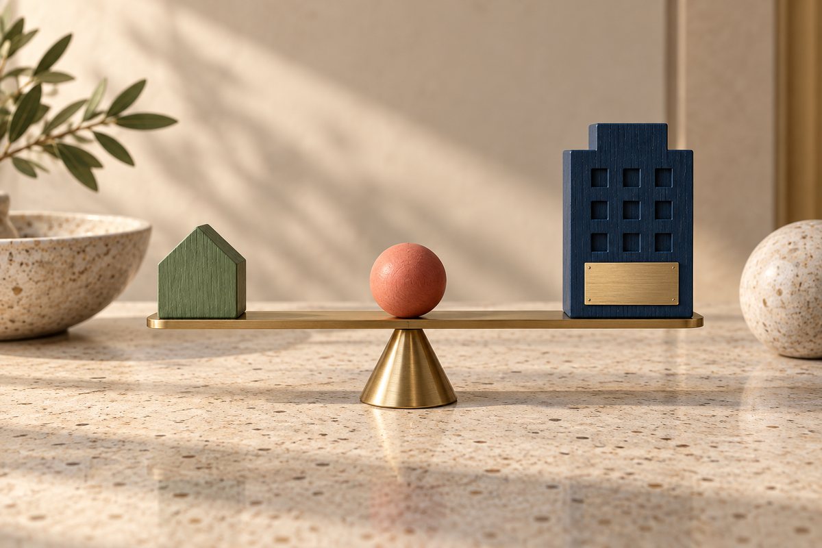 Small sage house token and a taller navy building block balanced level on a brass beam with a coral ball.