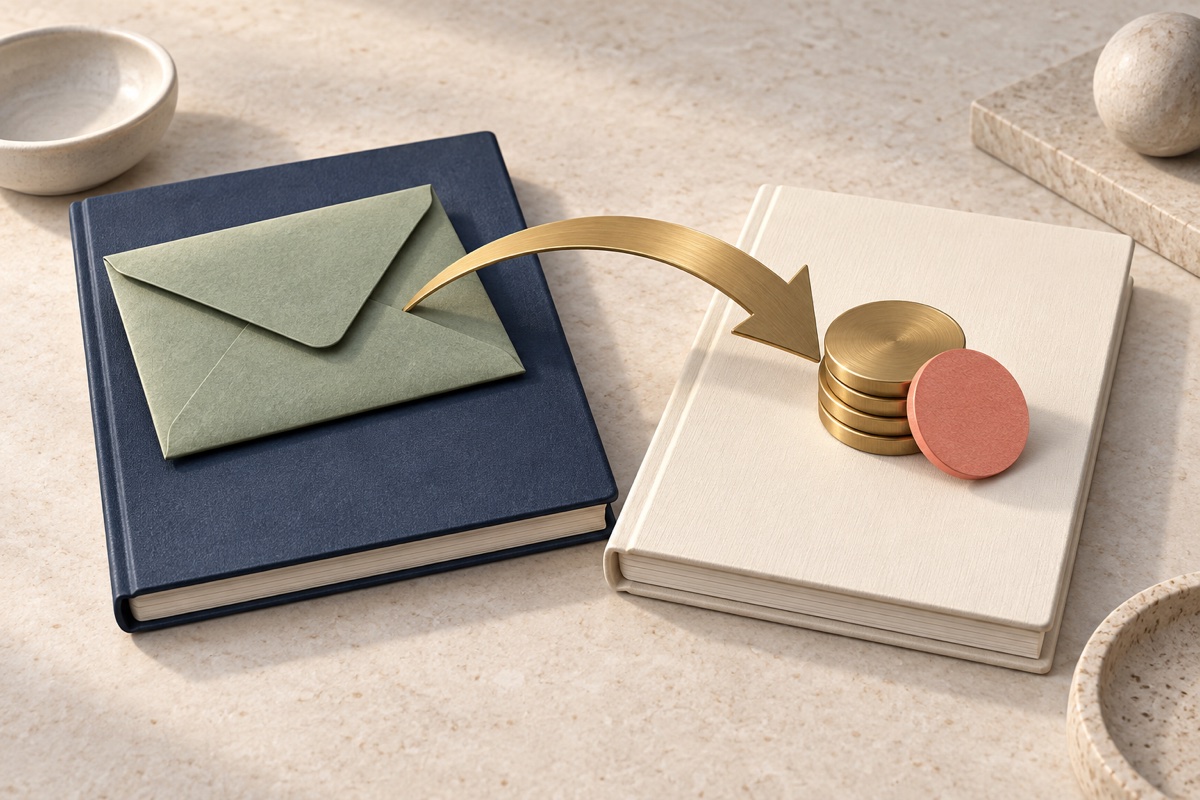Last year's envelope on a navy ledger with a brass arrow carrying it onto this year's ledger beside coins.