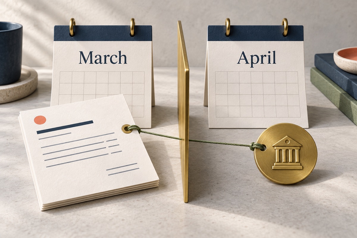 March invoice linked across a year-end divider to a payment recorded in April.