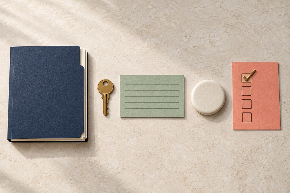 Navy accounts folder, brass key, index card and payment token laid out beside a checklist card with one item ticked.