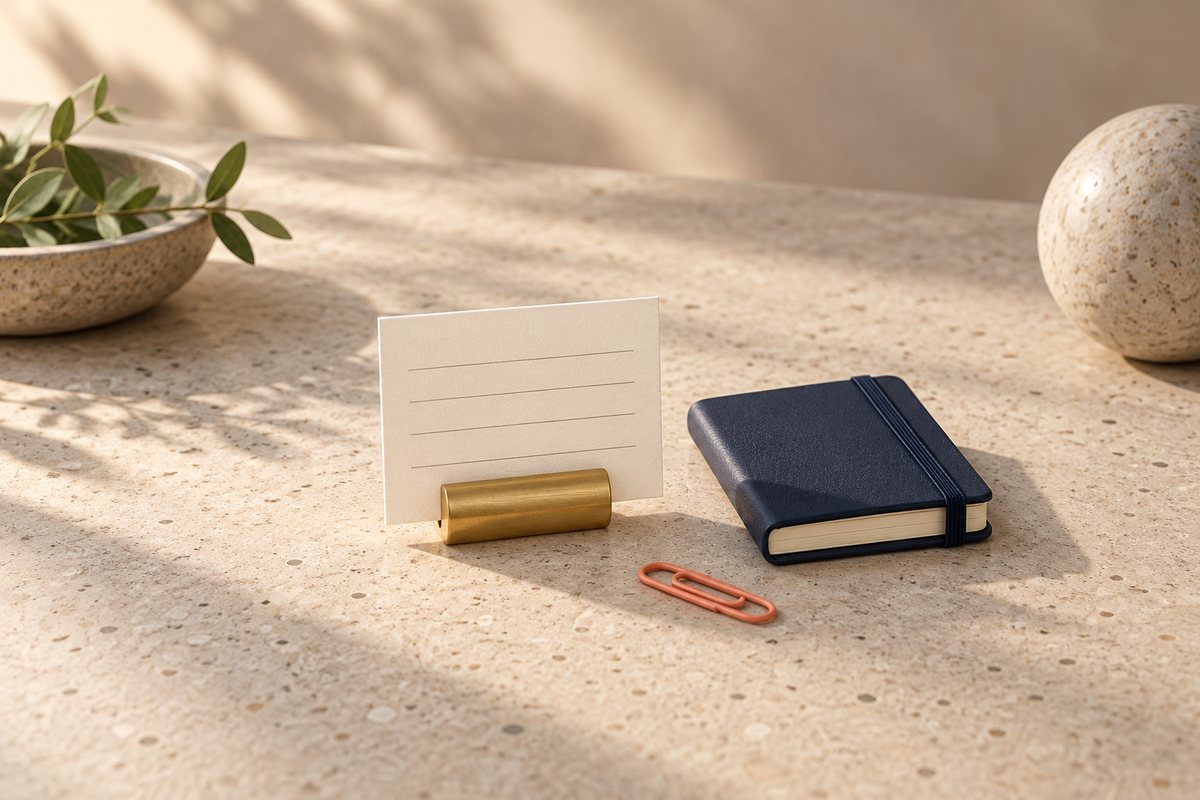 Single small ruled card in a brass holder beside a tiny navy notebook and a coral paperclip.