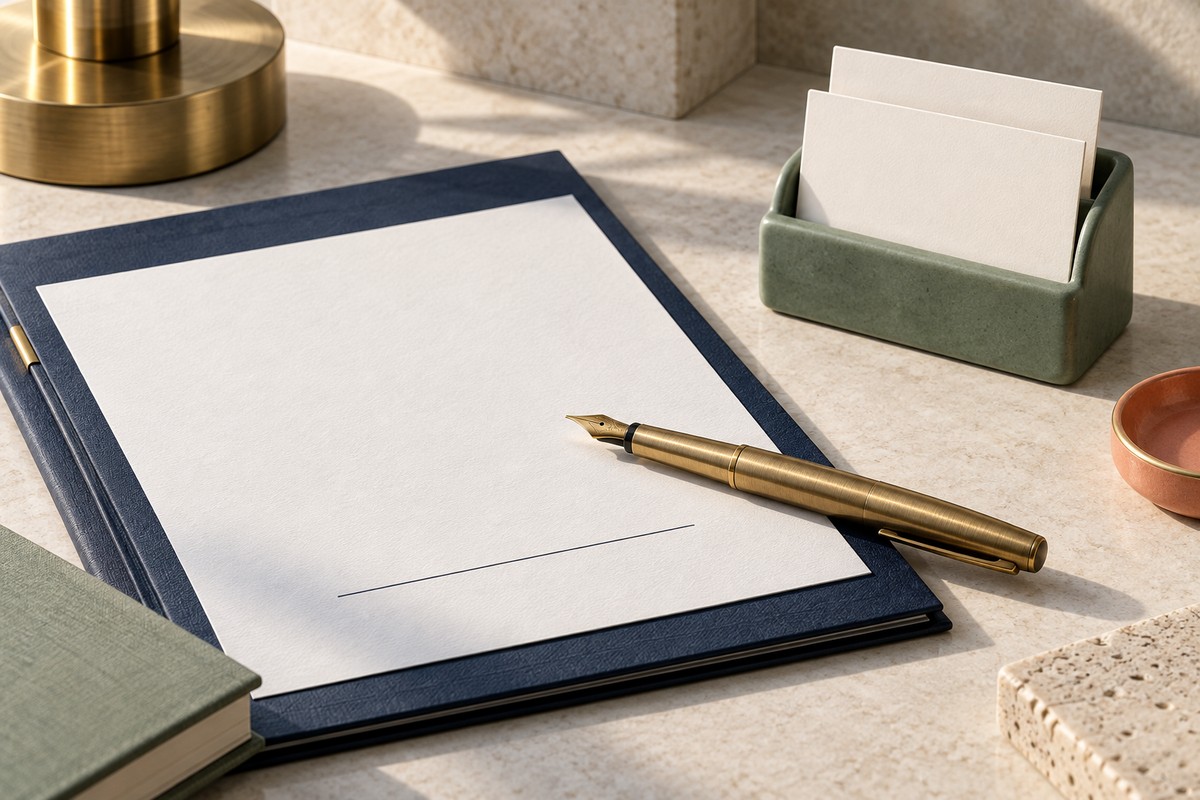 Brass fountain pen resting on a return document with a blank signature line beside a card holder.