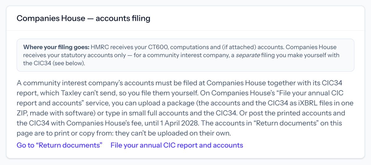Taxley’s Companies House section for a demo community interest company: its accounts must go to Companies House with the CIC34 report, which Taxley can’t send; the ways to file them (upload a package or type in small full accounts online, or post them until 1 April 2028); and links to Return documents and to Companies House’s File your annual CIC report and accounts service.