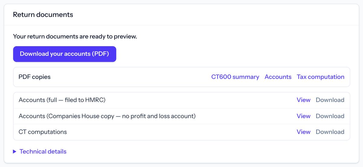 Taxley’s Return documents panel for a demo community interest company: a button to download the accounts as a PDF, and copies of the full accounts, the Companies House copy of the accounts and the tax computation to view or download.