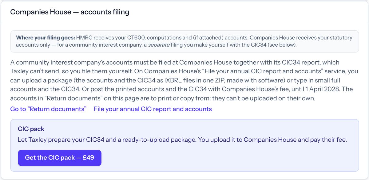 Taxley’s Companies House — accounts filing section for a demo community interest company, with the CIC pack panel: Taxley prepares the CIC34 and a ready-to-upload package, you upload it to Companies House and pay their fee, and a Get the CIC pack button.