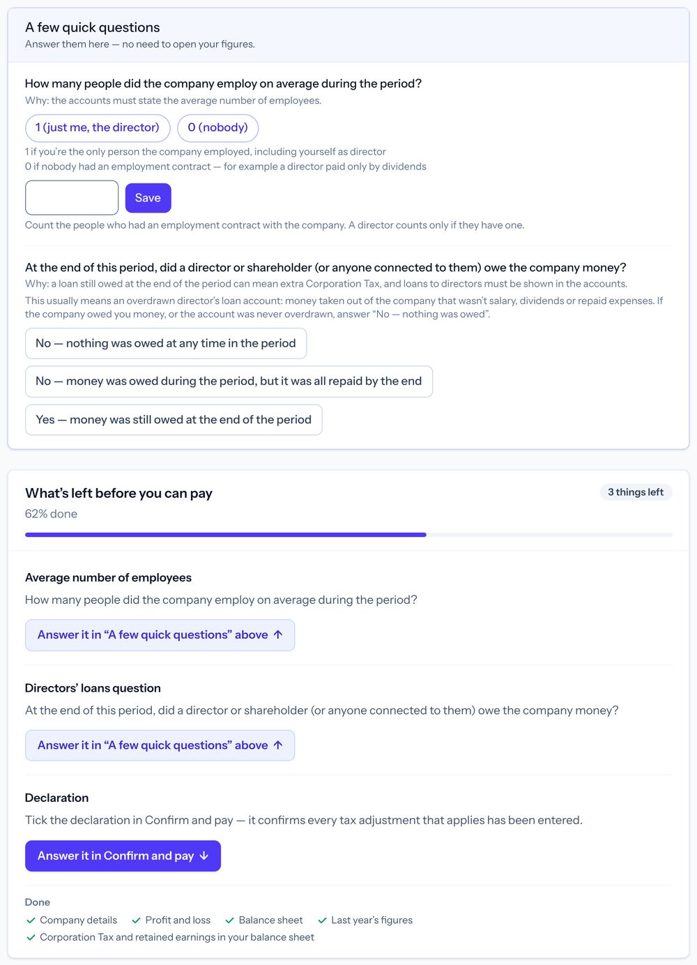 Taxley’s return page for a demo company: the A few quick questions card asks how many people the company employed and about directors’ loans, and What’s left before you can pay shows 62% done with three things left, each with a button to fix it.